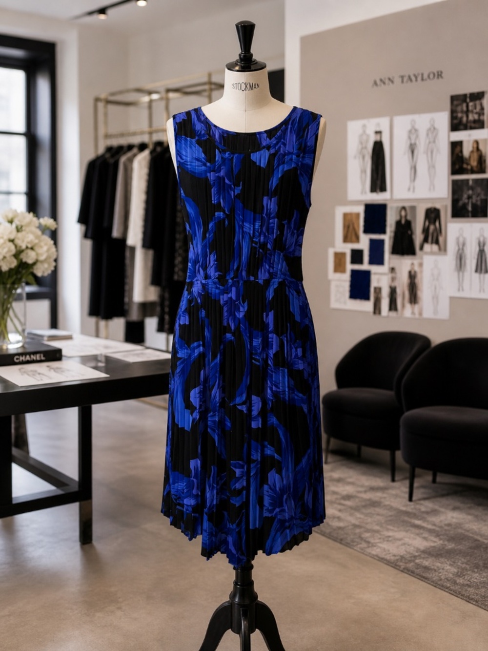 Ann Taylor Blue & Black Floral Pleated Midi Dress – Sleeveless, Size S